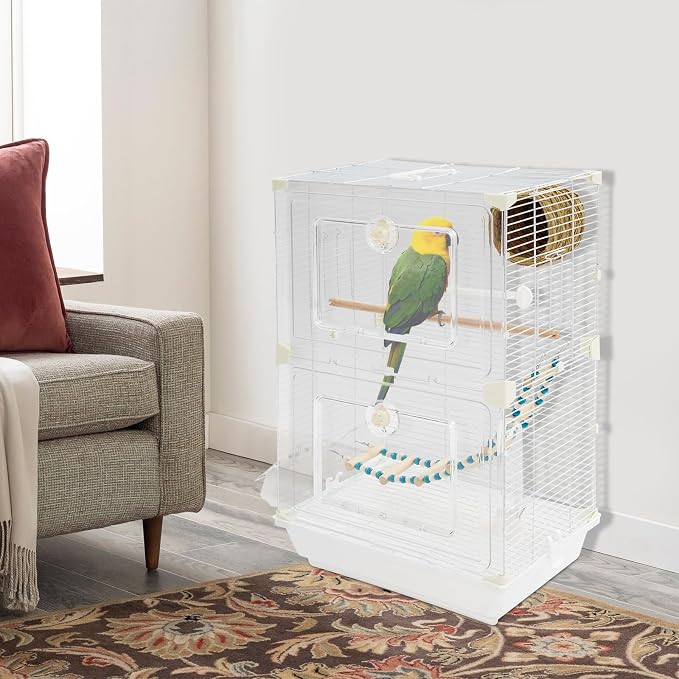 2-Door Wrought Iron Bird Cage Parakeet Cage with Handles, Parrot Cage Pet Birds Flight Cage, 360° View Interactive Birdcages Bird House Travel Cages for 1-3 Birds (25" H, Transparent-B) - Image 4