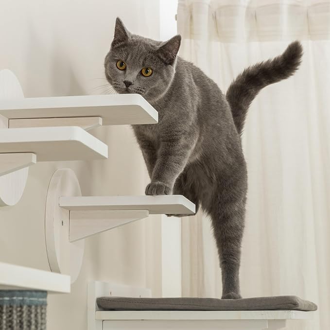 Trixie Cat Wall Furniture Set 6-7pc Cat Climbing Wall Set - Sisal Rope Scratching Posts, Elevated Bed, Corner Shelf, Steps - Gray/White - Image 6
