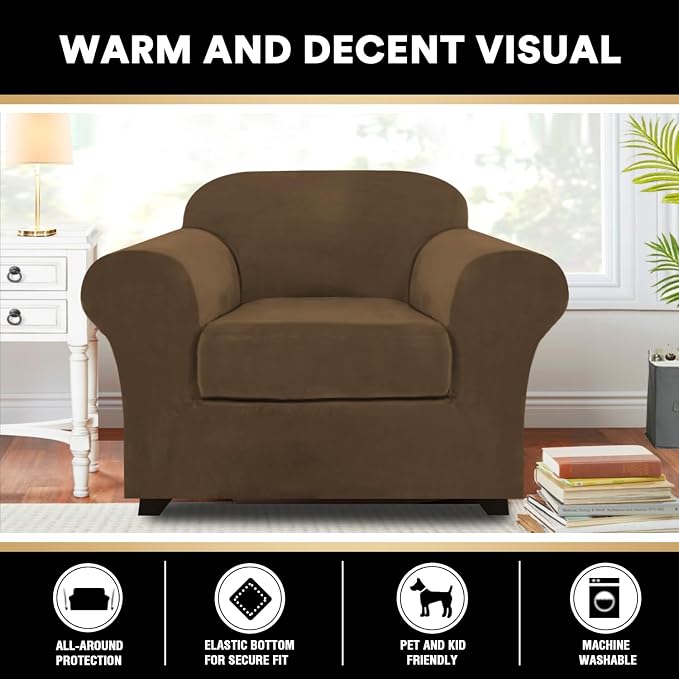 PrinceDeco Velvet Plush Couch Cover Stretch 2 Piece Chair Cover Chair Slipcover Washable Furniture Protector Couch Soft with Elastic Bottom Armchair Cover Width Up to 49 Inch(Small, Bronze Brown) - Image 6