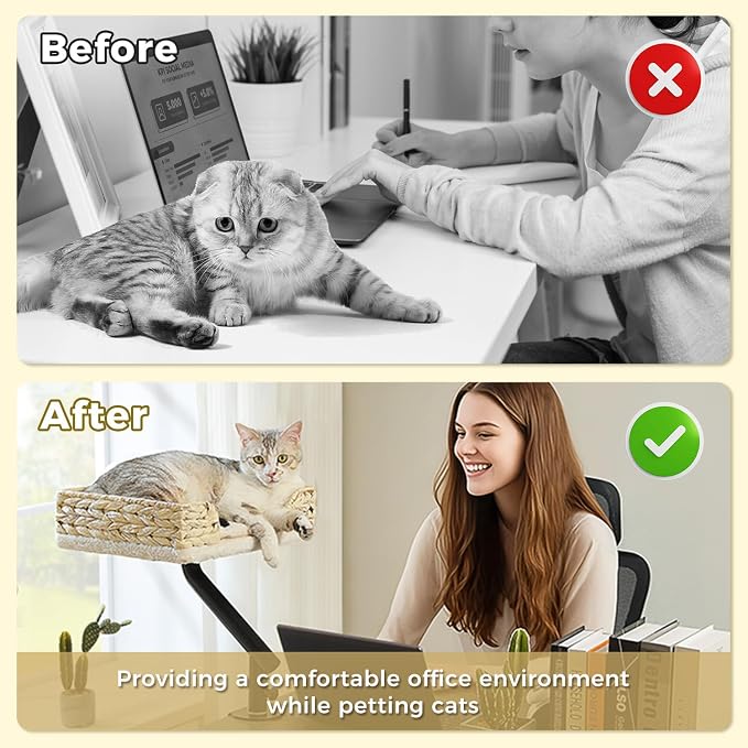 PAWZ Road Cat Desk Bed for Indoor Cats, Wicker Cat Bed for Desk Supports Up to 50 lbs, 360° Rotation & Adjustable Soft Plush Cats Hammock for Desktop, White - Image 4