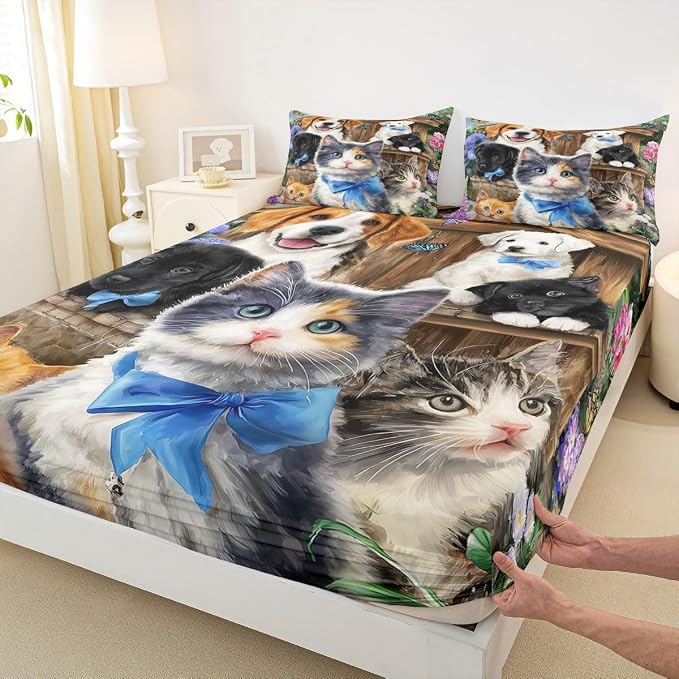 Cat Sheet Sets King Size for Boys Girls Kids Kawaii Bedding Cute Animal Pet Kitten Flat Sheet Lovely Kitten Puppy Fitted Sheet Cartoon Kawaii Dog Animal Design Toddler Bedroom Collection Bed Sheet - Image 6