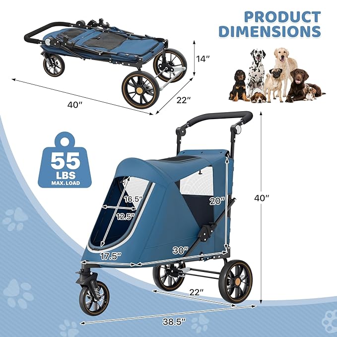 Magshion Pet Stroller for Medium Dogs w/Adjustable Handle, 3-Wheel Dog Cat Wagon w/Dual Entry, Rear Storage, Breathable Mesh, One-Foot Brake, Ideal for Large Pets up to 55 lbs, Navy Blue