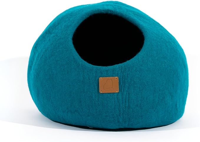 Best Aesthetic Cat Bed - Premium Felted Wool Cat Cave Bed - Cozy Peekaboo Round Cave for Large or Small Cats (Small, Ocean Blue) by FuzzyCove