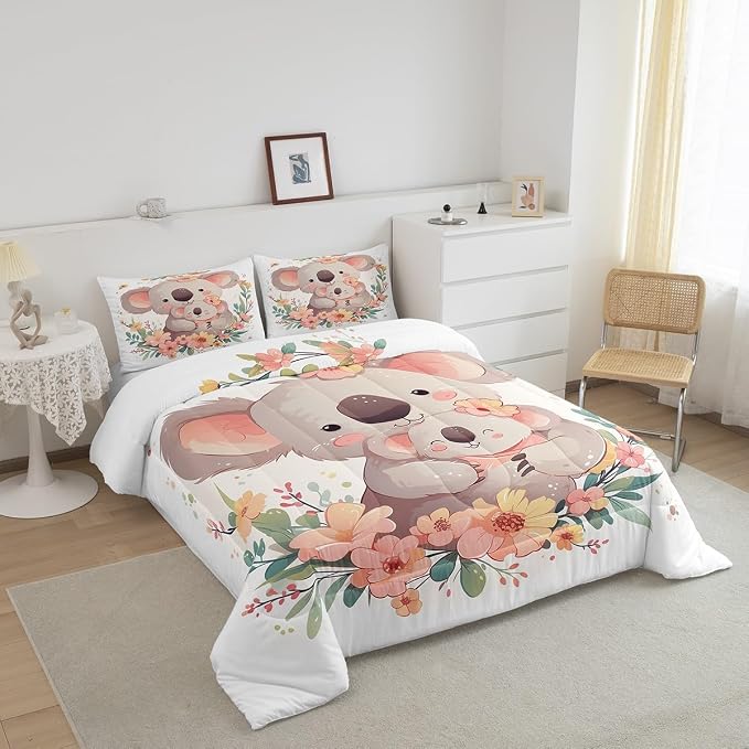 Cartoon Koala Baby Comforter Set Pink Flowers Decor Quilted Duvet, Cute Animal Floral Style Bedding Set for Kids Girls Boys Teens, Microfiber Polyester for Dormitory Bedroom, Queen Size White - Image 2