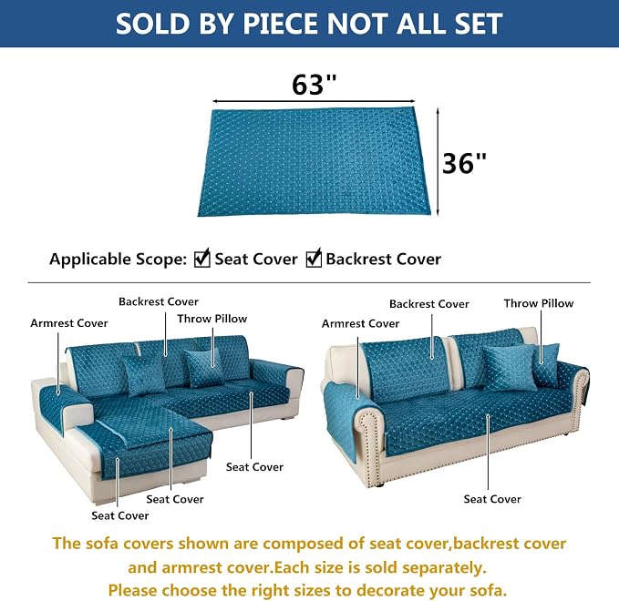 Eismodra Couch Cover,Sectional Couch Covers,Sofa Covers for 3 Cushion Couch,Anti-Slip Sofa Slipcovers for Dogs Cats Kids Loveseat Recliner L Shaped Armrest Backrest,Blue 36''x63''(Only 1 Piece) - Image 5