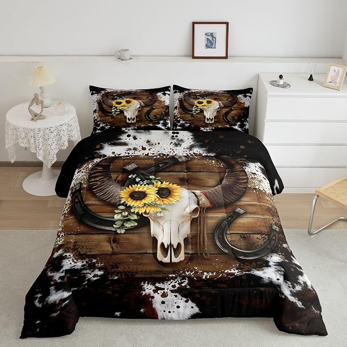 Homewish Cow Skull Kids Comforter Set Queen Size,Cow Fur Wooden Plank Farmhouse Bedding for Boys Girls Men Room Decor,Cowboy Horseshoe Sunflower Down,White Brown Rustic Duvet Insert,2 Pillowcases - Image 4