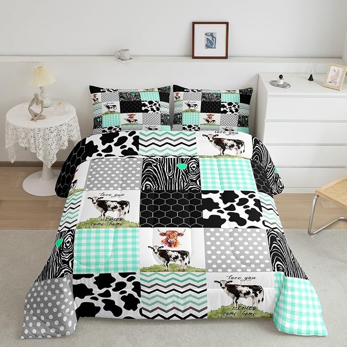 Cute Cow Print Comforter Set Twin Size Kawaii Highland Cow Bedding Set Bedroom Decor Honeycomb Plaid Pattern Geometric Stripes Down Comforter Cartoon Farm Animals Duvet Set, Green Black Grey - Image 2