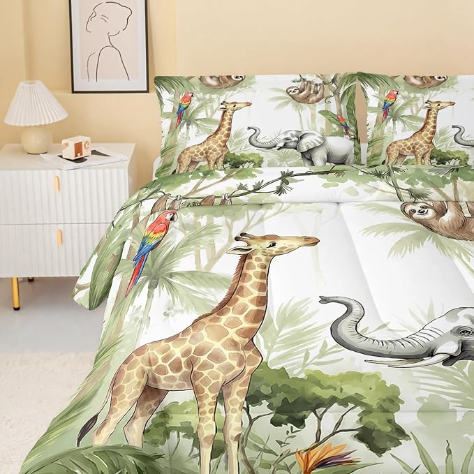 QOOMO Elephant Giraffe Monkeys Comforter Full Size,Wild Animals Kids Comforter Set,3Pcs Bedding Set Printed Comforter with 2 Pillowcases,Down Alternative,Soft and Lightweight,for All Seasons - Image 4