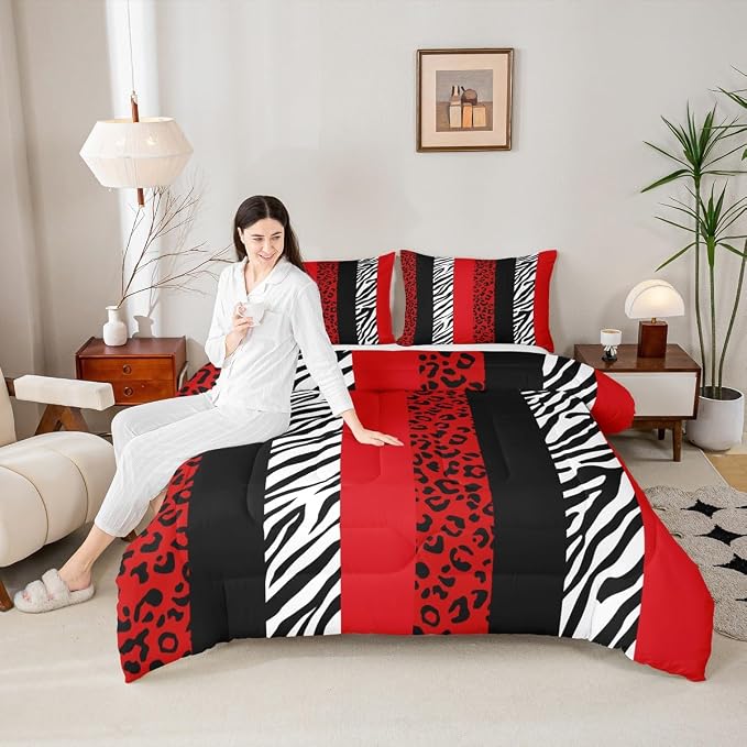 Leopard Print Comforter Set Queen,Zebra Skin Texture Bedding Set 3pcs for Kids Teens Girls Woman Room Decor, Striped Fashion Quilt Set Black White and Red Duvet Insert with 2 Pillowcases by Homewish