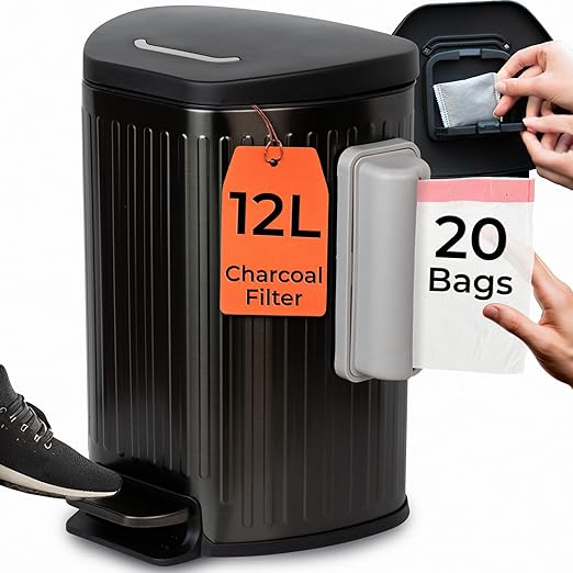 Dog Poop Trash Can Outside with Lid – 12L Stainless Steel Outdoor Trash Can with Reusable Charcoal Filter, Step-On Pedal & Bag Dispenser – Dog Waste Station, Cat Litter Trash Can & Diaper Pail by Unknown