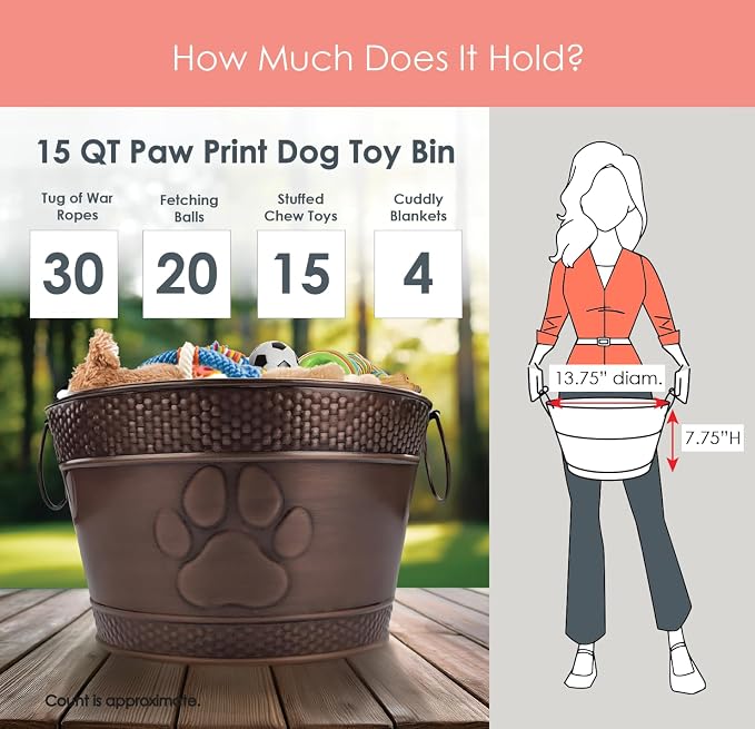 BREKX Metal Indestructible Dog Toy Bin - Chew-Proof Storage Bin | Copper Finish Farmhouse Organizer Storage Basket for Pet Toys, Blankets, Leashes with a Embossed Paw-Print - Image 8
