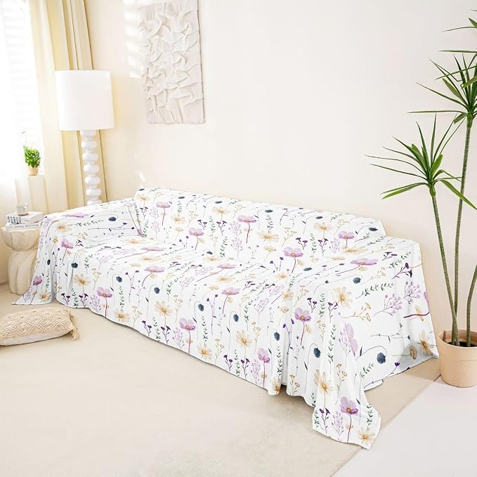 Watercolor Floral Couch Covers Purple Beige Flower Sofa Cover 71" X 118" Modern Minimalist White Couch Protector Rustic Farmhouse Washable Non Slip Sofa Slipcover For Living Room Furniture Protector - Image 2