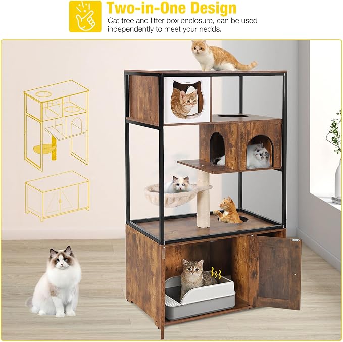 Aivituvin Cat Litter Box Enclosure, Litter Box Furniture Hidden, Wooden Cat Washroom Furniture, Indoor Cats House with Condo, Hammock, Scratching Mat and Storage Shelves - Image 5