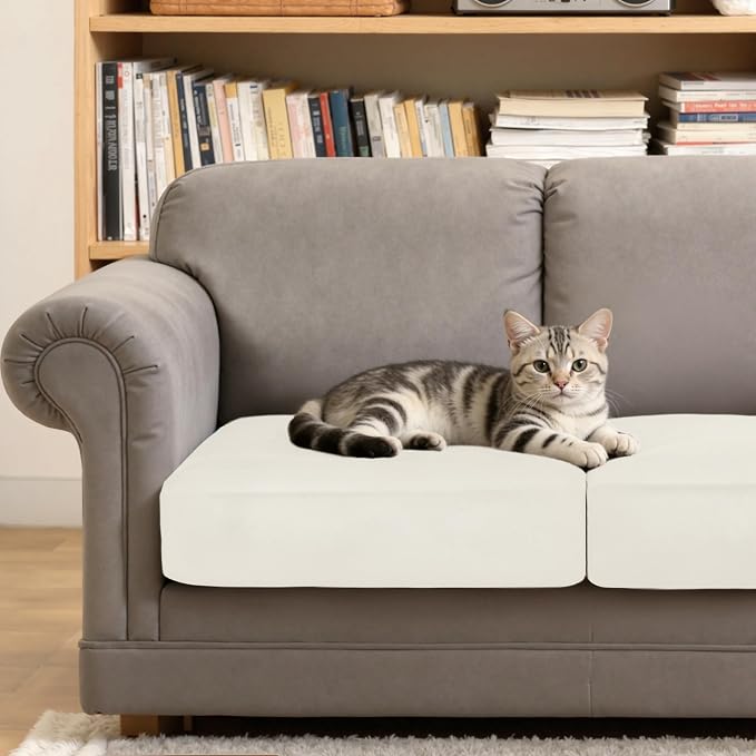 CHUN YI Velvet Couch Cushion Covers, 3PC Water Resistant Sofa Cushion Covers, Individual Seat Cushion Protector Slipcovers for Kids Pets (3 Pack, Ivory White) - Image 6