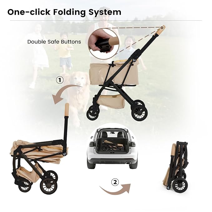 Foldable Dog Stroller Portable Compact Pet Stroller for Small/Medium Dogs & Cats Up to 35lbs One Click Folding Large Cat Carriage with Adjustable Canopy Storage Basket - Khaki