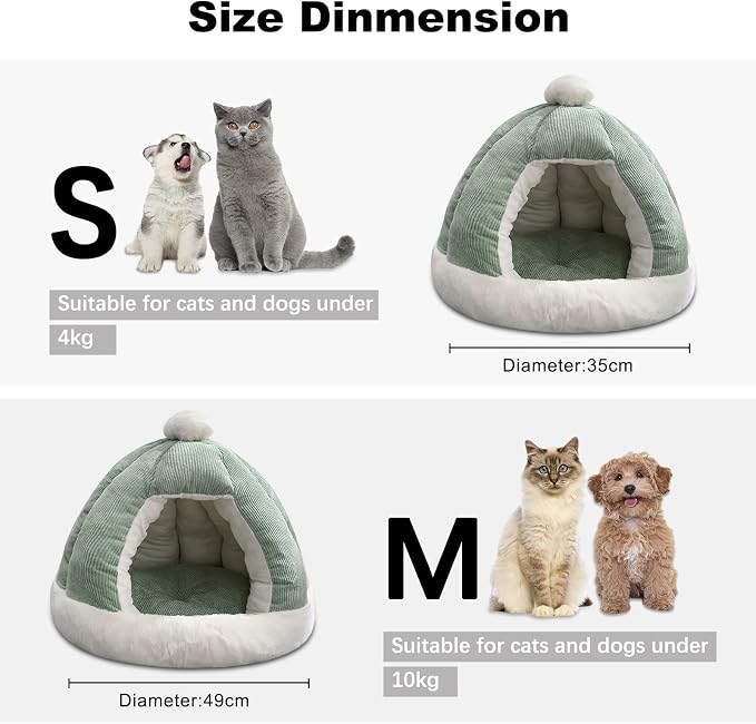 Cat Cave Bed, Cat Tent Bed House with Removable Washable Cushion, Soft Plush Cat Igloo Bed, Improve Sleep, Pet Bed for Kitten and Puppy(M, Green) - Image 6