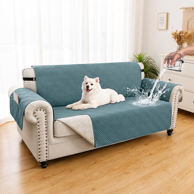100% Waterproof Couch Cover for Dogs, Washable Anti-Slip Sofa Cover with Elastic Straps & Side Pockets, Quilted Furniture Protector for Kids & Pets (3 Cushion 68", Grayishblue) by Unknown