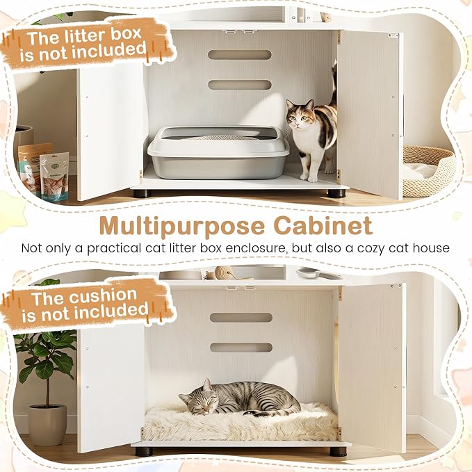 PETSITE Cat Litter Box Furniture with 3 Shelves and Doors, 56 inch Tall Cat Box Enclosure with Display Shelves and Side Entry, Indoor Hidden Litter Box with Decorative Storage Shelving (White) - Image 6