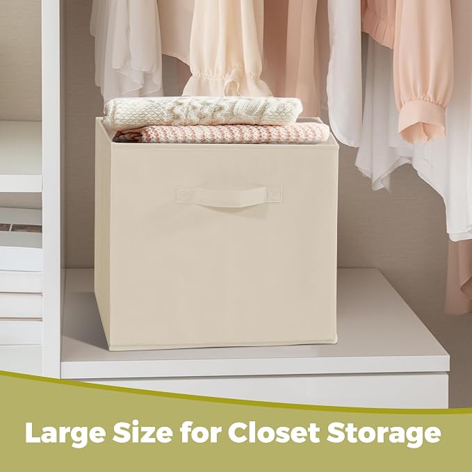 11 Inch Fabric Storage Cubes, Sturdy Foldable Storage Bins, Heavy Duty Cube Organizer for Clothes, Blankets, Shelves, Closets, Bedroom, Living Room, Beige, 12 Pack - Image 6