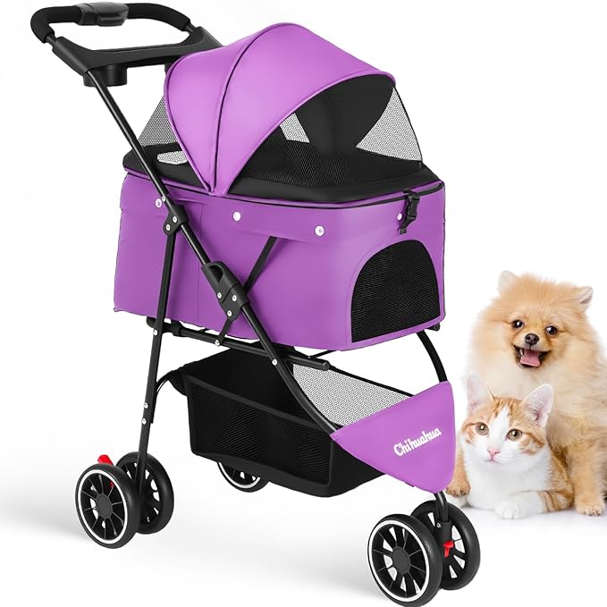 Pet Stroller,Dog Stroller for Small Medium Dogs Cats,3 Wheels,Foldable,with Breathable Mesh Canopy,Cup Holders,Easy Assembly,Purple
