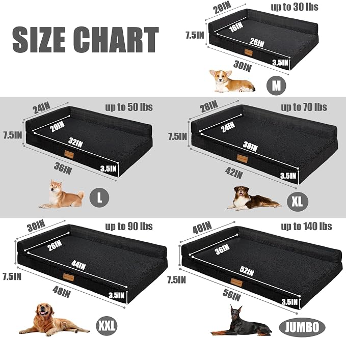 Patas Lague Orthopedic Large Dog Bed Pet Sofa Beds 36''X24'' Black | L Bolster Egg-Crate Foam Dog Couch For Large Sized Dogs, Waterproof Removable Washable Cover, Pet Mat with Nonskid Bottom - Image 5