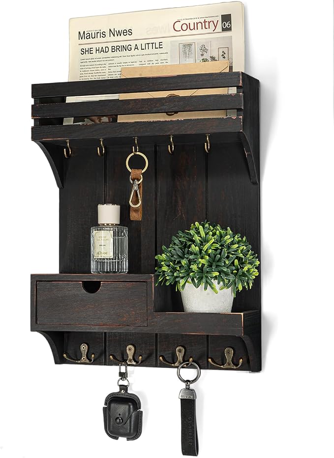 Rebee Vision Key Holder Wall Mount with Shelf for Entryway,Distressed Black | Pine Wood, Key Holder for Wall, 9 Key Hooks, Plant Display, Drawer Organizer, Mail Organizer for room, Home Decor Aesthetic by REBEEVISION
