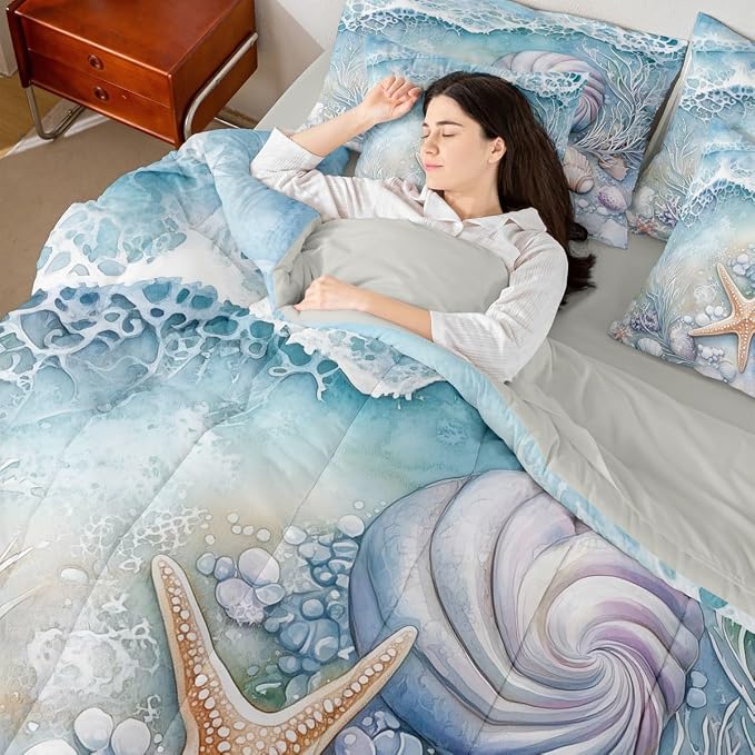 Erosebridal Blue Ocean Coastal Theme Bed in A Bag, Summer Beach Nautical Comforter Set with Sheets King for Kids Boys Girls, Shell Coral Starfish 7 Pcs Bedding Set, Seawaves Ocean Life Bed Sets - Image 7
