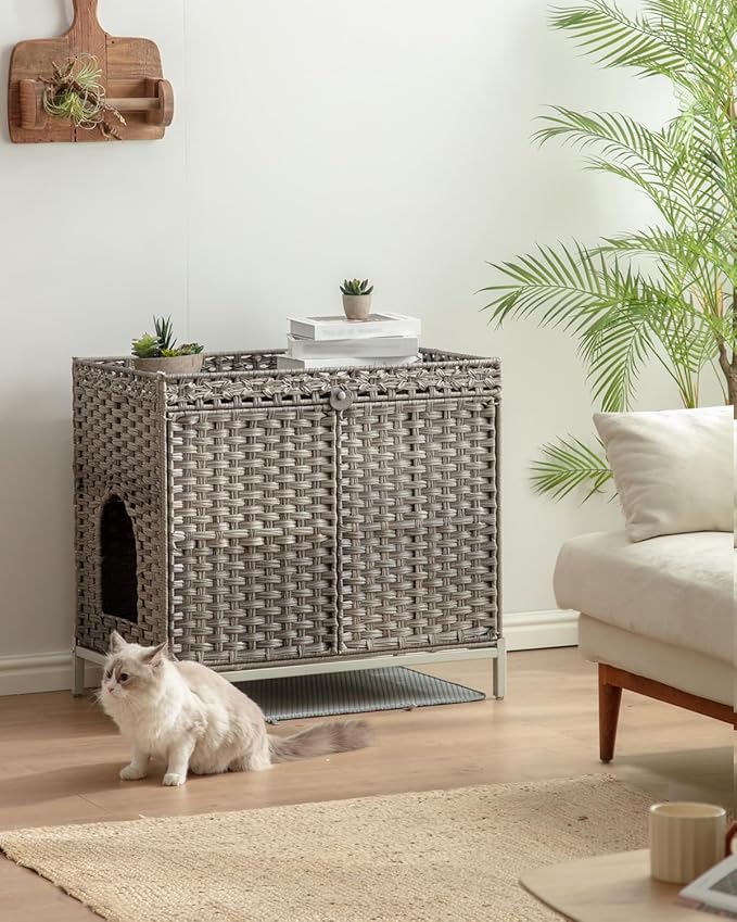 SETVSON Cat Litter Box Enclosure Furniture with Divider, Cat Cabinet,Gray | Handwoven PE Rattan with Soft Mat, 3.54-In Heightened Metal Feet, 2 S-Hooks, 31.2 x 19.6 x 24.2 Inches Spacious Cat Furniture - Image 2