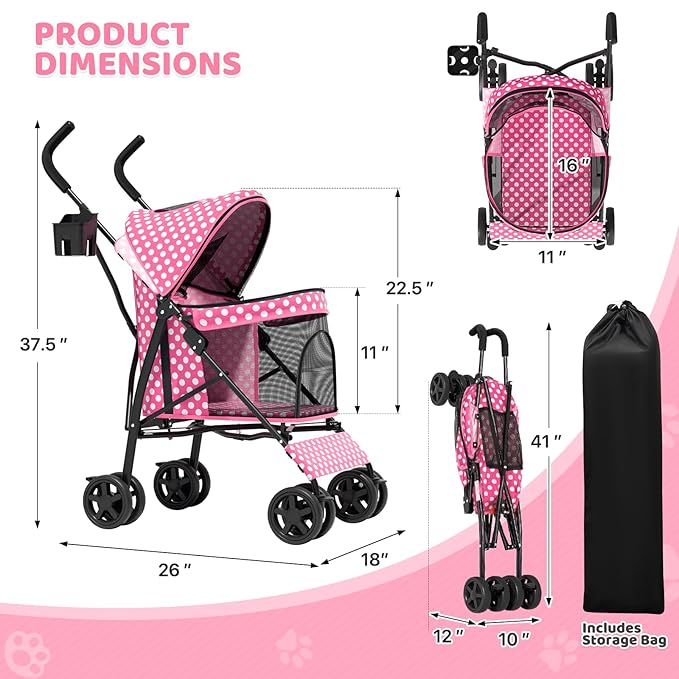 Magshion Compact Pet Stroller for Small-Medium Dogs/Cats up to 22lbs, 4-Wheel Lightweight Umbrella Shaped Portable Puppy Travel Jogger with Breathable Mesh, Cup Holder & Rear Storage, Pink Polka Dots