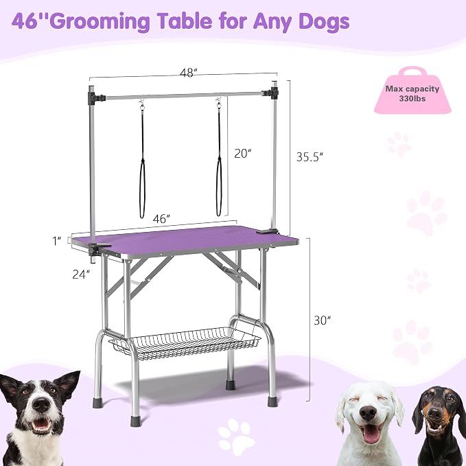 Lyromix 46'' Stainless Steel Pet Dog Grooming Table, Arm/Noose/Tray, Purple | Foldable Dog Grooming Table for Dogs at Home, Adjustable Height Arm, Non-Slip Waterproof Tabletop, Capacity 330Lb - Image 2