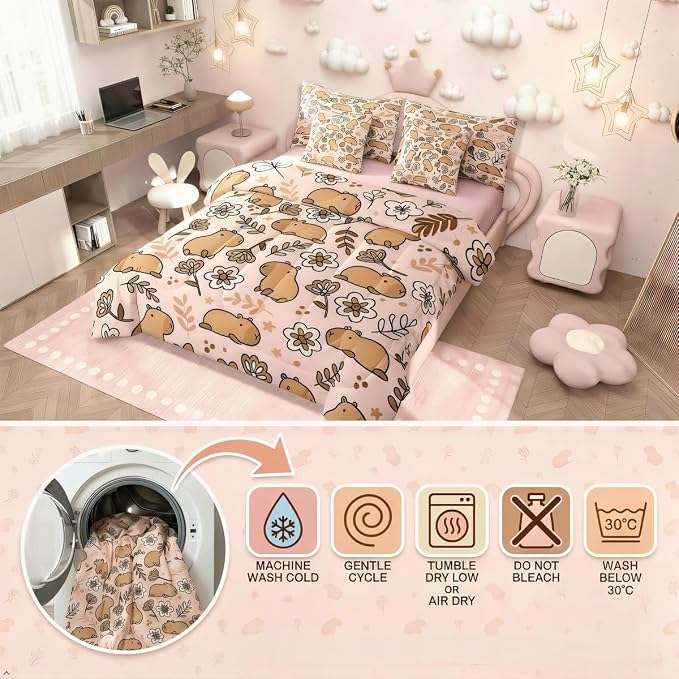 Erosebridal 7 Pcs Cartoon Capybara Bedding Set for Home, Cute Animals Queen Comforter Set with Sheets for Kids Boys Girls Women Men, Branches Bed in A Bag, Florals Bedding Comforter Sets, Pink - Image 5