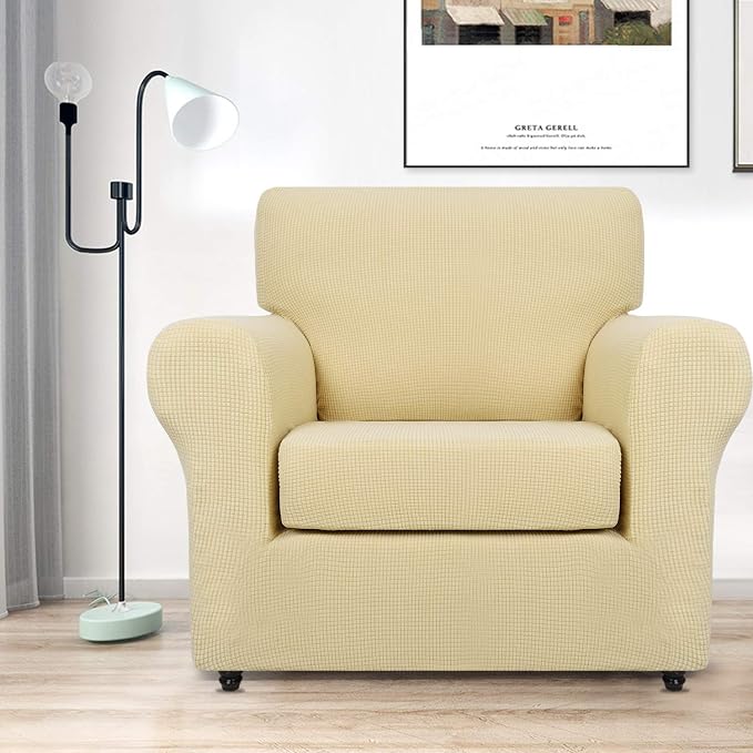 MAXIJIN 2 Piece Chair Slipcovers with Arms Super Stretch Chair Covers for Living Room Dogs Pet Proof Fitted Sofa Couch Protector Spandex Non Slip Armchair Slipcover Washable (Chair, Beige) - Image 2