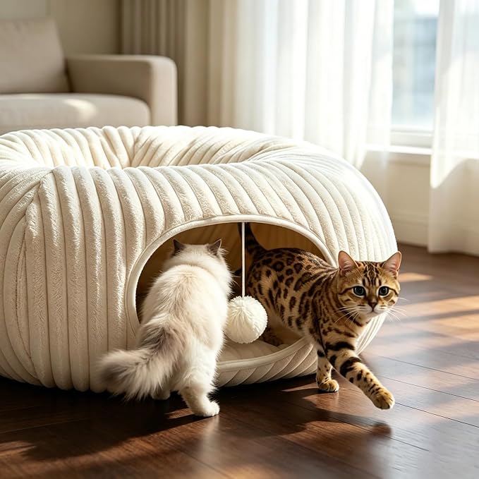 Cat Tunnel Bed with 30 Pcs Interactive Cat Toys, Cat Tube with Kitten Toys for Indoor Kittens, Collapsible Play Tunnel, White - Image 3