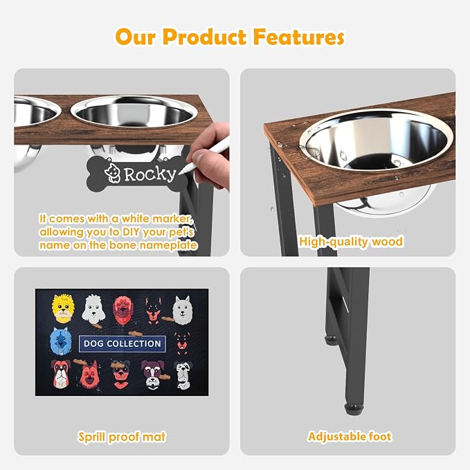 10" Tall Elevated Dog Bowls, Wooden & Metal Raised Dog Bowl Stand with 2 Stainless Steel Bowls-1700ml Capacity & Non-Slip Mat, Easy-Clean for Indoor/Outdoor Use - Image 4