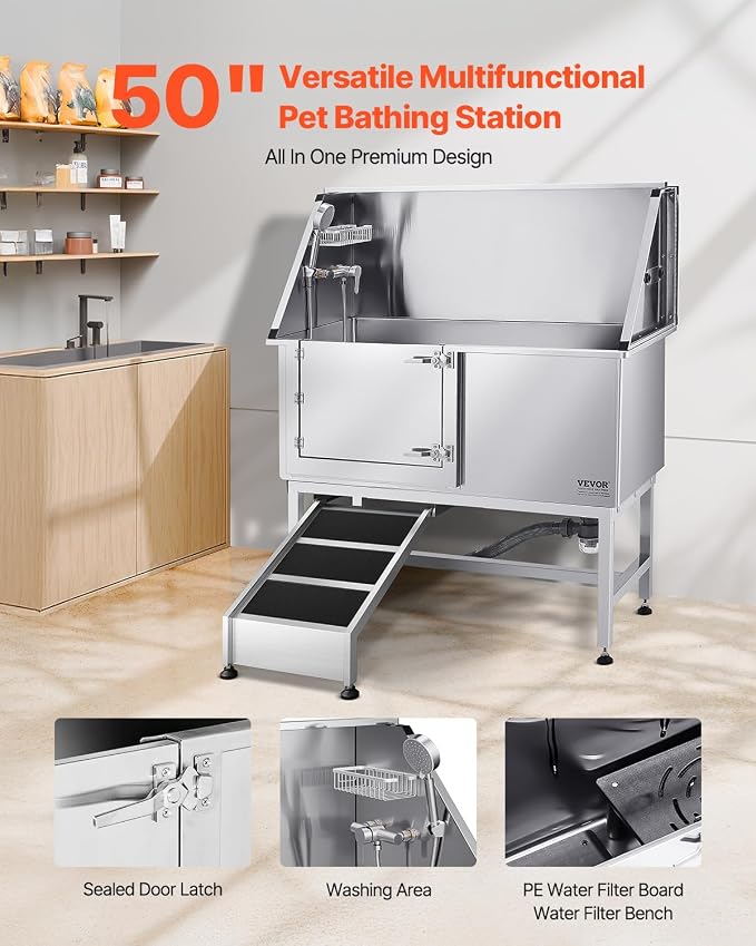 VEVOR Stainless Steel Dog Washing Station, 50 inch Pet Grooming Tub w/Ramp, PE Water Filter Board, Faucet & Showerhead & Soap Holder Dog Bathtub for Large & Medium & Small Pets (Left Door) - Image 2