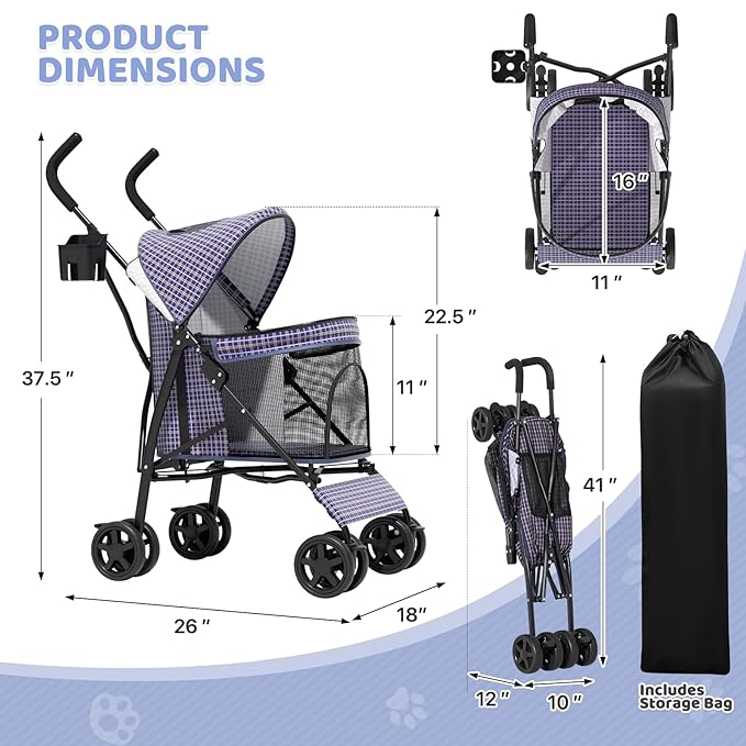 Magshion Compact Pet Stroller for Small-Medium Dogs/Cats up to 22lbs, 4-Wheel Lightweight Umbrella Shaped Portable Puppy Travel Jogger with Breathable Mesh, Cup Holder & Rear Storage, Plaid