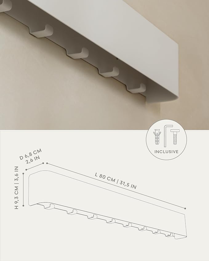 Kazai. Coat Rack Wall Mount with Shelf 'Tone' | Modern Design Coat Hanger with Hidden Hooks and Storage | Hat Rack with Shelf in Metal | Wall-Mounted Purse Organizer | White - Image 7