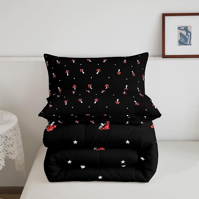 Cute Mushroom Kawaii Comforter Set Queen Kid Cartoon Bedding Set Red Mushroom Duvet Set Farmhouse Botanical Reversible Quilt Set Lovely Natural Wild Plants Comforter Set For Bedroom Decor, Black - Image 5