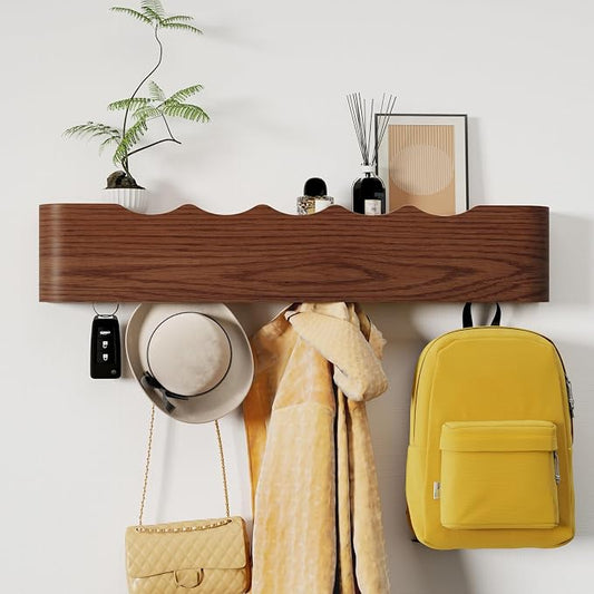 Coat Rack Wall Mount with Shelf 5 Hidden Hooks Modern Wooden Key Holder Entryway Organizer for Hallway Bedroom Bathroom Home Decor Storage for Hanging Coats Hats Bags Towels, Wave-Shape Walnut by Jadoxy