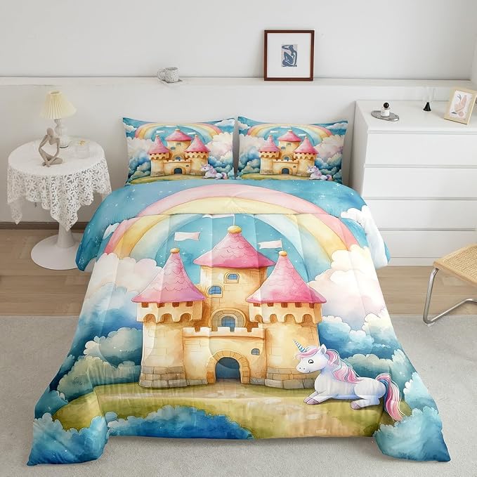 Manfei Cartoon Castle Comforter Set King Size,Lovely Unicorn Dreamy Rianbow Sky Watercolor Bedding Set for Adults Room,Fantasy Princess Style Fairy Tale Down Comforter,3 Pcs 2 Pillowcases by Manfei