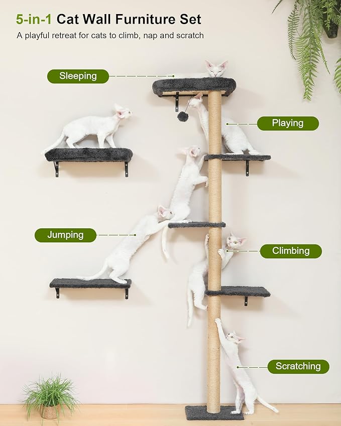 FUKUMARU Cat Wall Shelves Set, 70 inch Wall Mounted Tree, Grey | Kitten Scratching Post with Soft Cushion Perch, Space Saving Climbing Wall Furniture for 16 Inch Drywall - Image 2