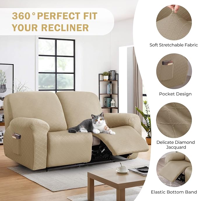 vctops Diamond Recliner Loveseat Slipcover 6-Pieces Stretch Dual Recliner Sofa Covers for 2 Seat Dual Reclining Loveseat Couch Soft Solid Furniture Protector (Light Coffee,2 Seat) - Image 4