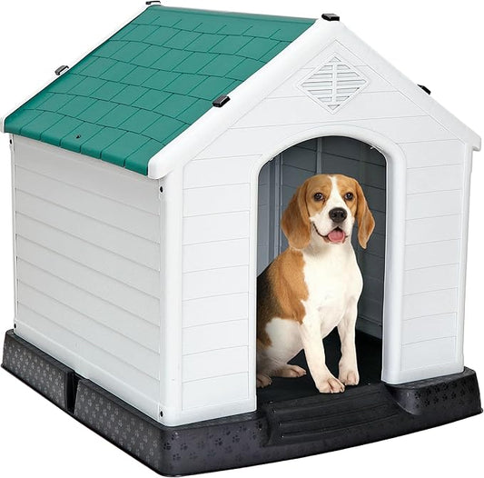 Large Plastic Dog House Indoor Outdoor Doghouse Dog Kennel Easy to Assemble Puppy Shelter with Air Vents Elevated Floor Waterproof Green