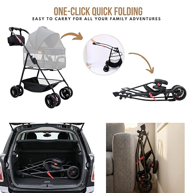 Pet Stroller for Small Dogs Cats with Wheels, Detachable Carrier, Max Load 33 lbs, Easy Folding, Compact Portable, Dog Carriage Cart Car Seat 3 in 1
