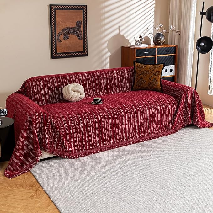 Sofa Covers for 3 Cushion Couch Seat, Loveseat Non Slip Couch Cover Chenille Strip Couch Throw Blankets with Tassels, Sectional Sofa Slipcovers Furniture Protector for Pets, Kids 71"x134", Wine by BEDDING