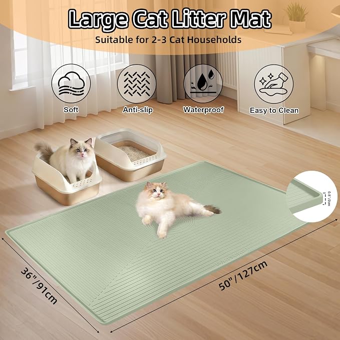 Silicone Cat Litter Mat 50" x 36" Cat Mat for Litter Box, Green | Extra Large Cat Litter Trapping Mat for Floor, Waterproof, Non-Slip Kitty Litter Box Mat with Raised Edge, Easy to Clean - Image 2