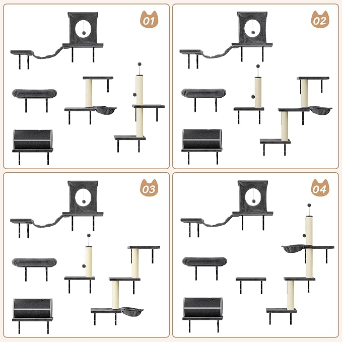 7-in-1 Cat Wall Shelves, Wall Mounted Climber Set | Cat Furniture with House, Tunnel, Bridge, Steps, Scratcher, Hammock, Shelves for Indoor, Drak Grey - Image 3
