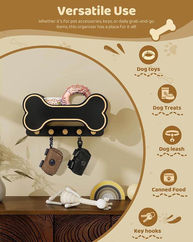 MTERSN Decorative Dog Leash Holder for Wall - Dog Stuff Organizer and Doggie Bone Key Holder Wall Mount with 5 Cute 3D Puppy Paw Hooks & Storage Shelf - Apartment Essentials (Black) - Image 5