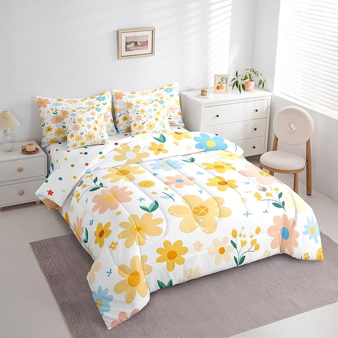 Feelyou Cute Flower 7 Piece Bedding Set Twin Size Kids Cartoon Cute Floral Bed in a Bag for Girls Teens Bright Yellow Comforter Set with Sheets Kawaii Bed Set - Image 6