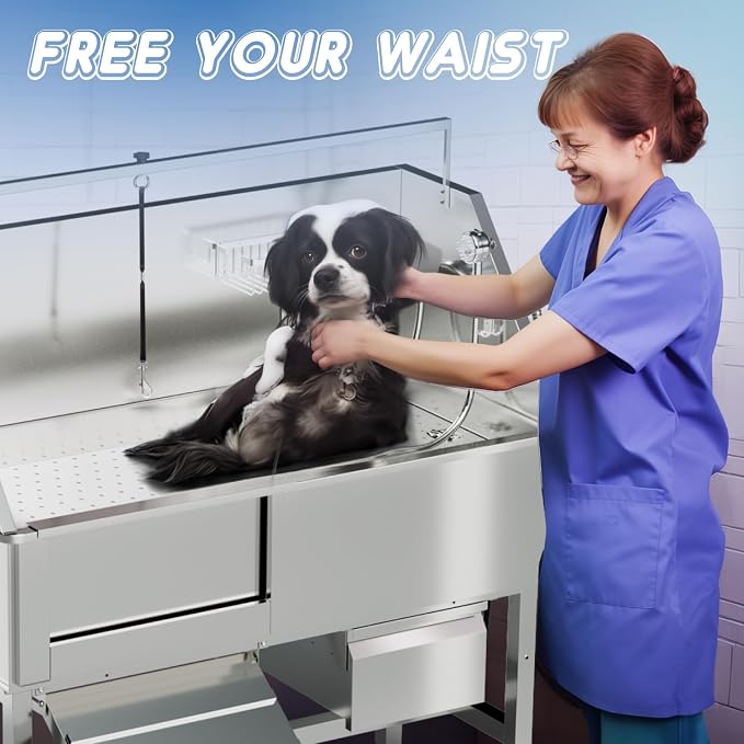 Dog Washing Station for Home,46" Stainless Steel Dog Bathing Station Height Adjustable Dog Washing Station for Home Dog Grooming Tub Ramp, Drawer, Floor Grate & Fauct - Image 7